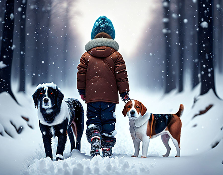 Child in winter attire with two dogs on snowy path in falling snow