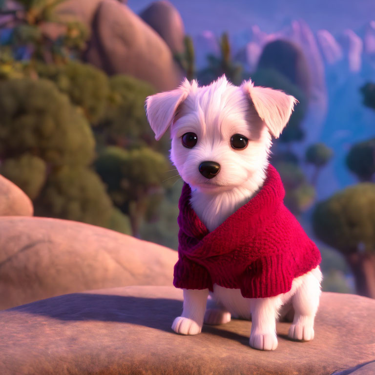 White-coated animated puppy in red sweater on rock with purple nature backdrop.