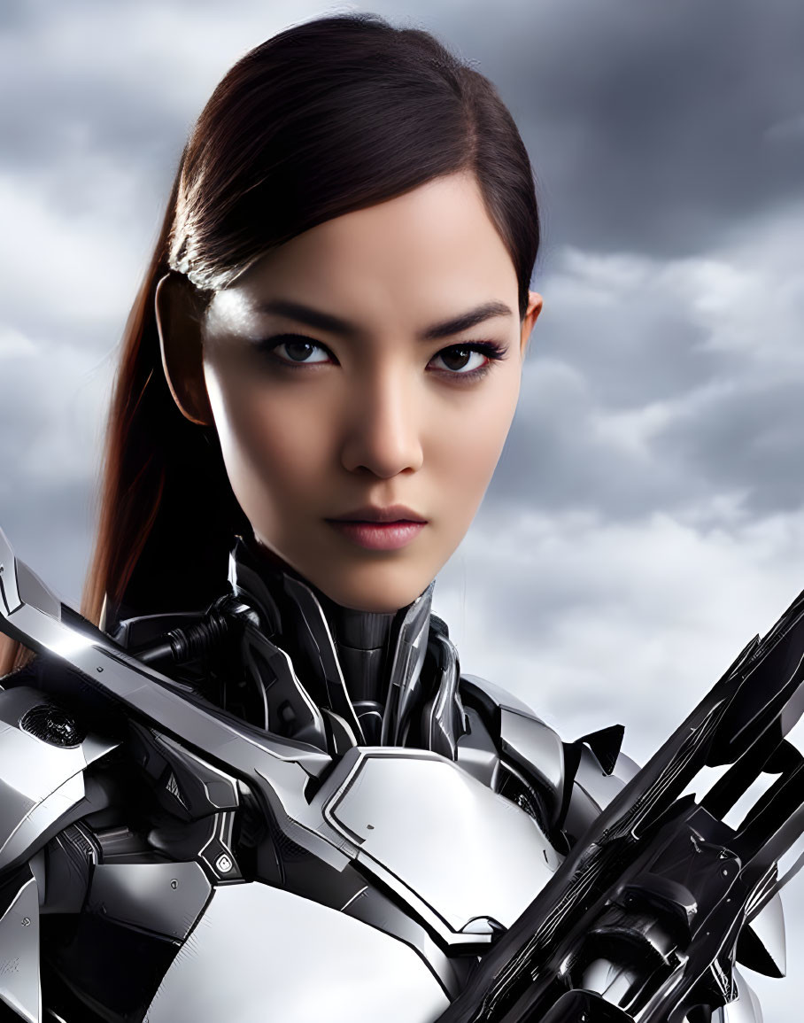 Determined woman in futuristic armor against cloudy sky