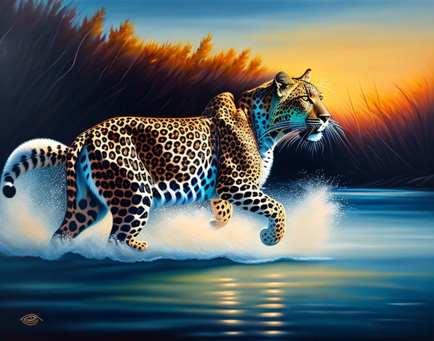 Leopard running in shallow water at sunset