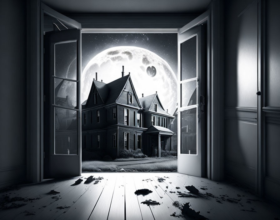 Monochrome image of open window overlooking Victorian house under full moon