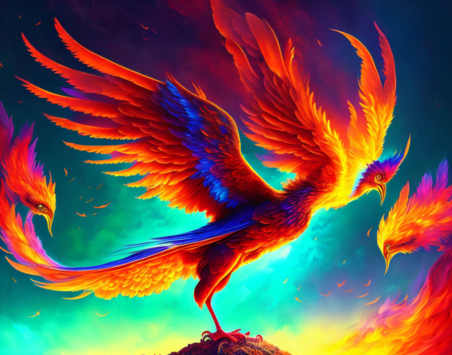 Colorful Phoenix Illustration in Flight with Fiery Feathers
