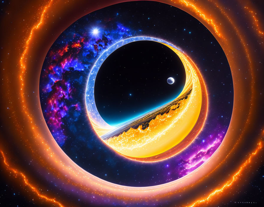 Colorful cosmic illustration of ringed planet with moons in nebula backdrop