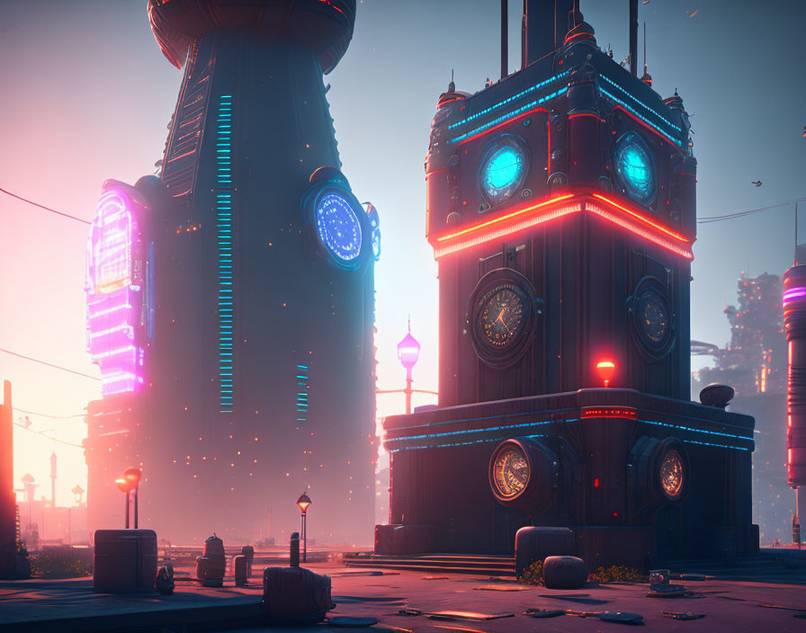 Futuristic cityscape with illuminated towers and neon accents at dusk