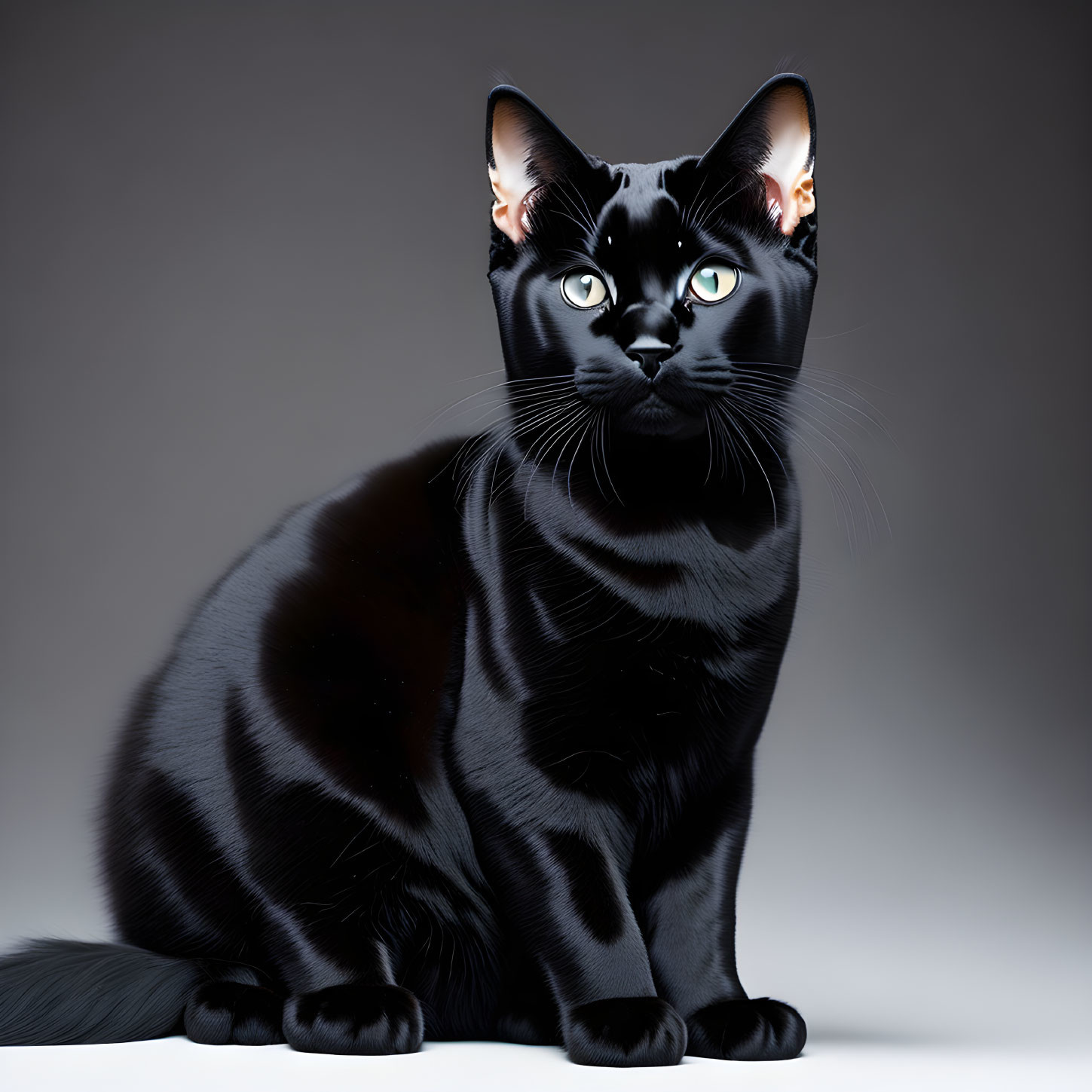 Black Cat with Green Eyes and Glossy Coat Sitting Gracefully