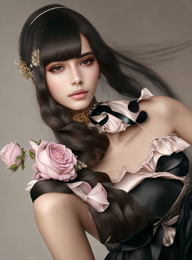 Illustrated portrait of woman with long brown hair, gold accessories, roses, black and pink outfit.