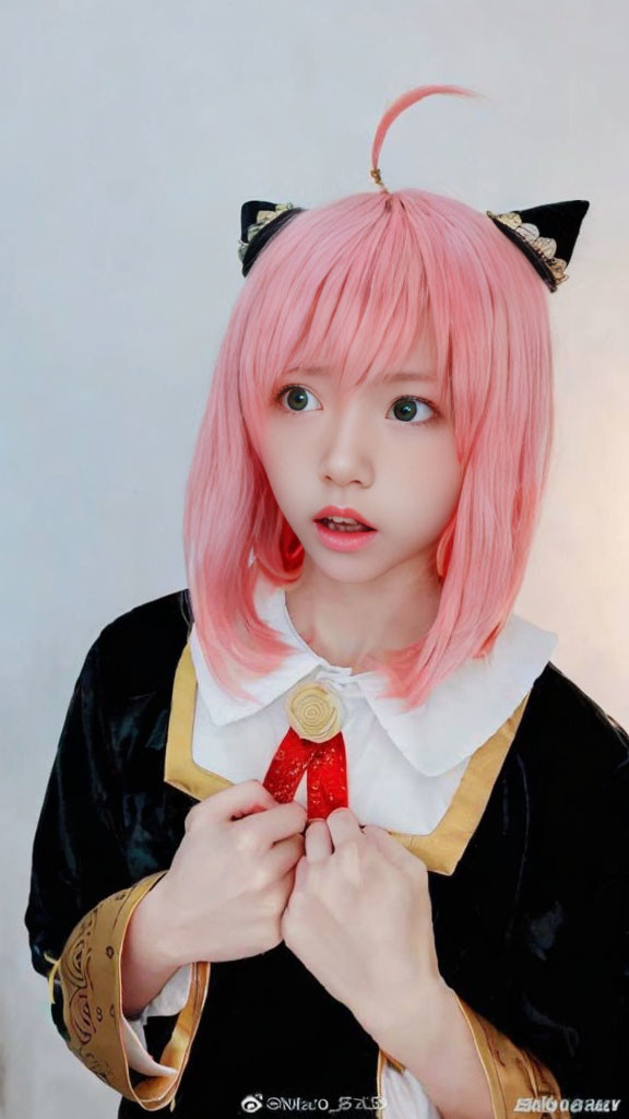 Cosplayer with Pink Hair, Cat Ears, Anime Eyes, School Uniform