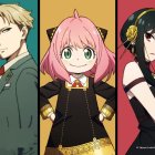 Three stylized characters: male with black cat, girl with pink hair, girl in green attire