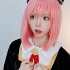 Cosplayer with Pink Hair, Cat Ears, Anime Eyes, School Uniform