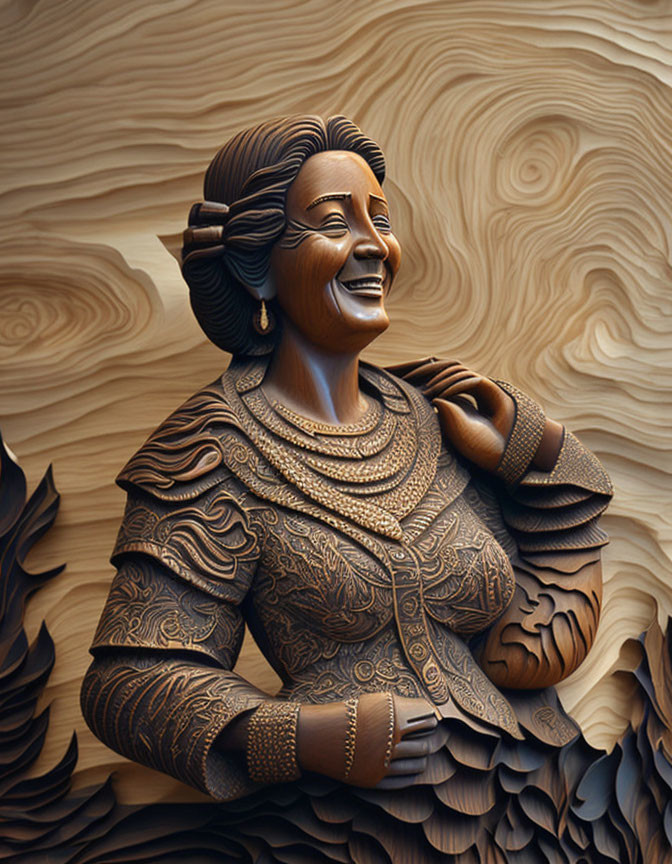  happy woman in the café, wood carving