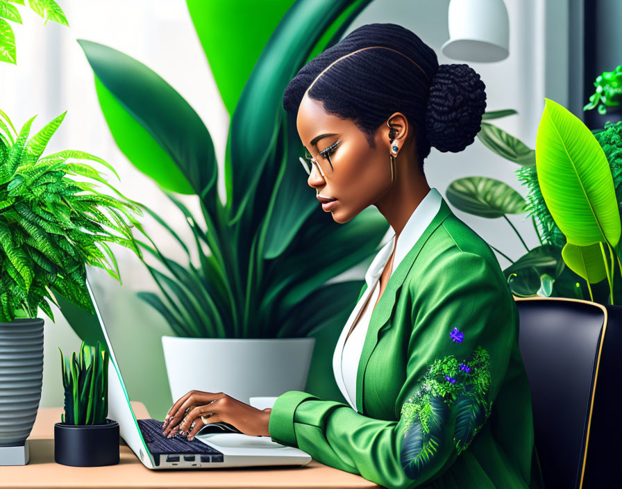 a woman in her office with a lot of green plants