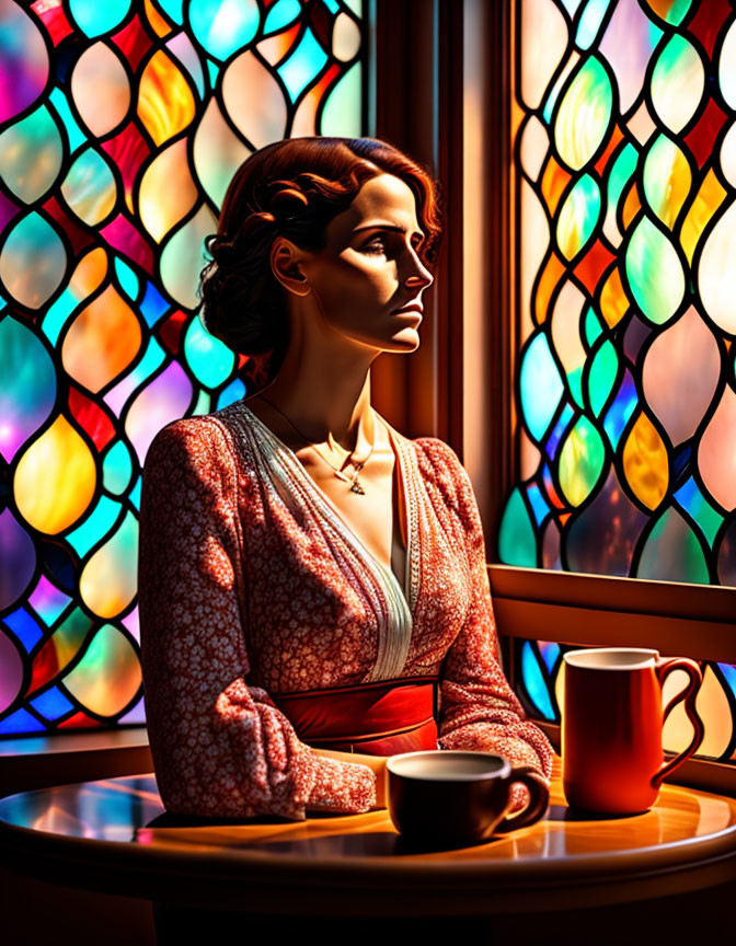 Woman, waiting for coffee: stained glass