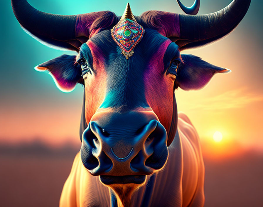 Colorful Bull with Decorative Forehead Against Sunset Background