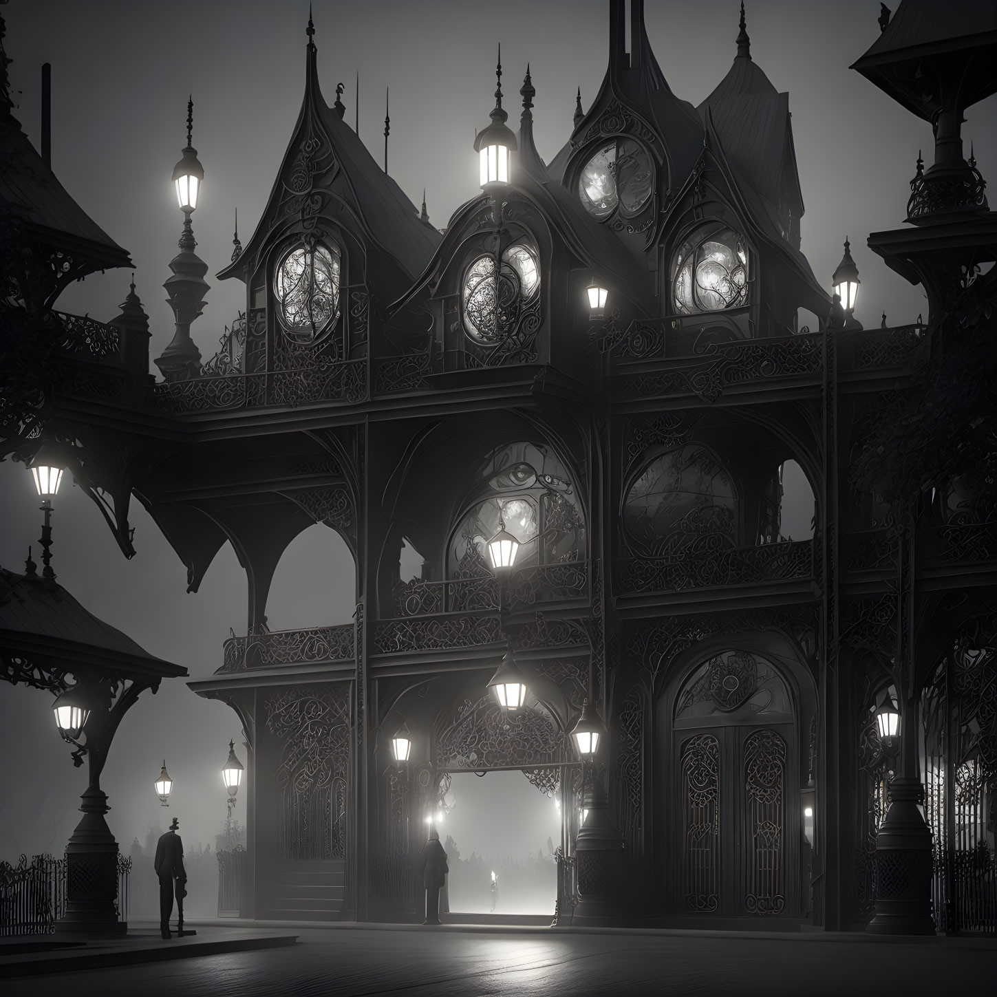 Victorian-style illuminated pavilion in foggy evening with gothic architecture details