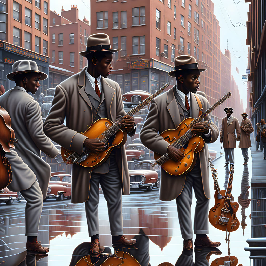 Three musicians with guitars on vintage city street.
