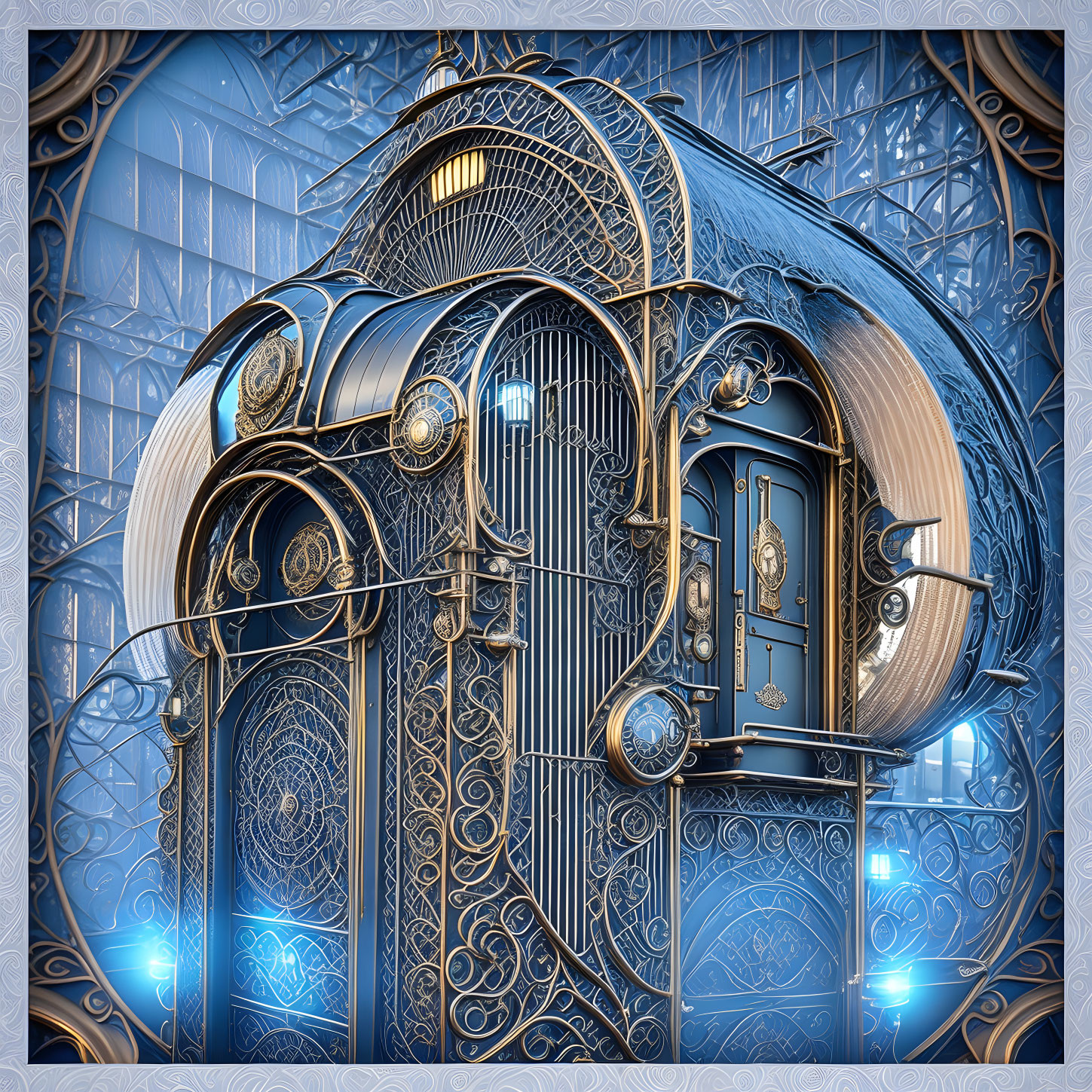 Intricate Steampunk-Style Door with Glowing Blue Lights