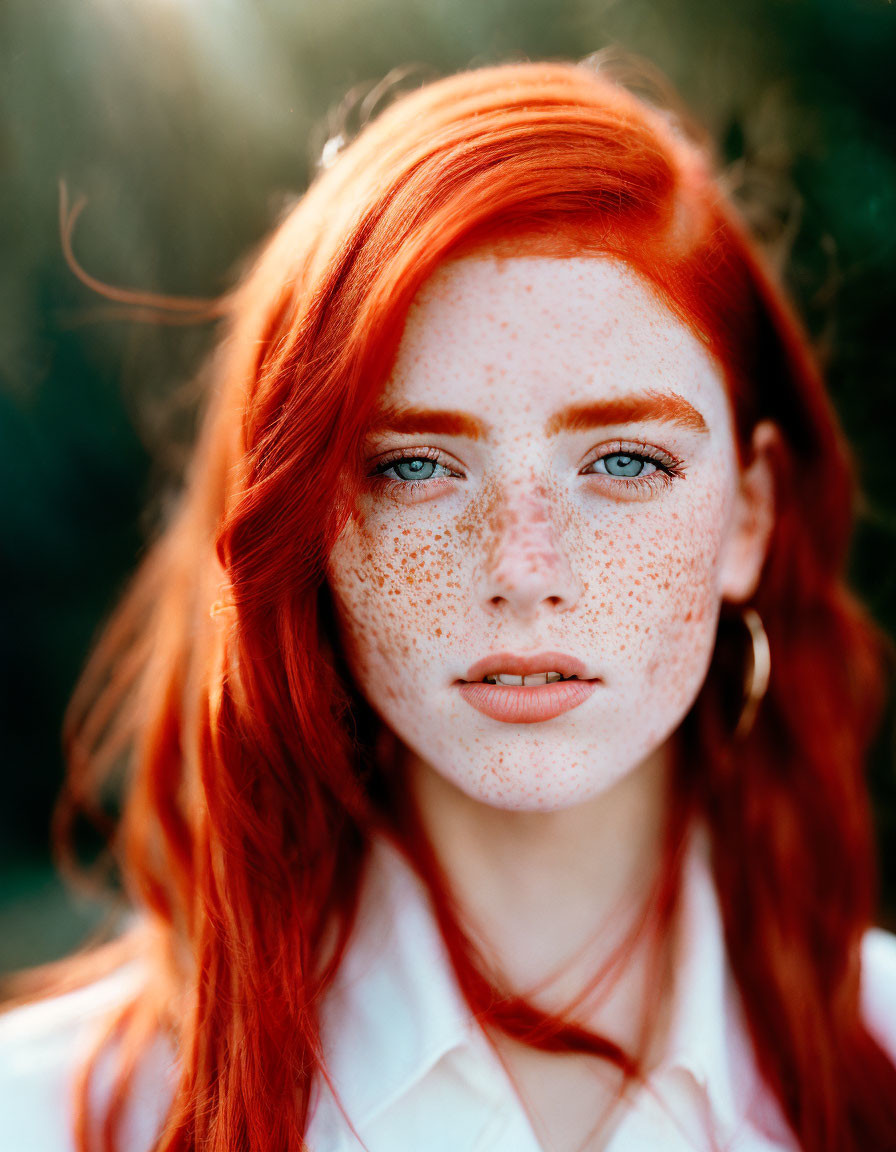 Portrait of person with red hair, freckles, blue eyes, white shirt, hoop earrings
