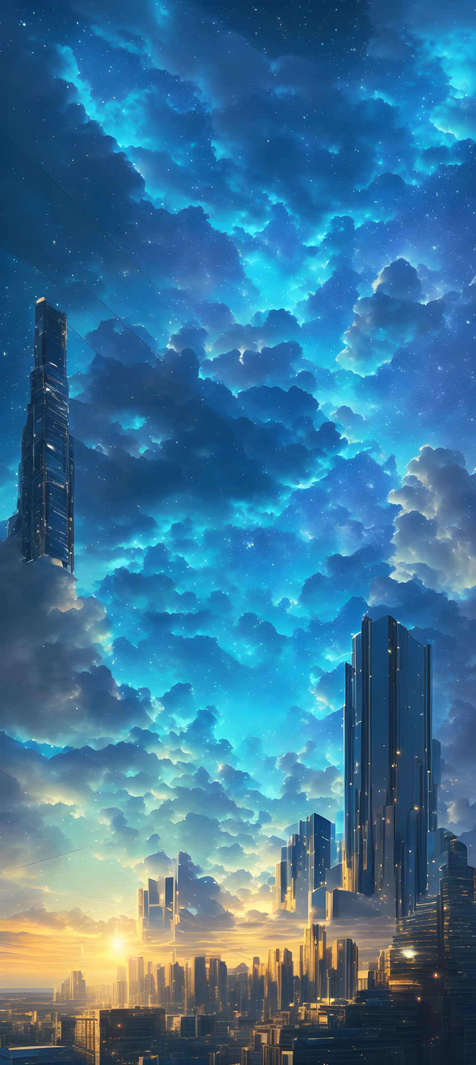 Starry Heights: Skyscrapers under a Deep Blue Sky