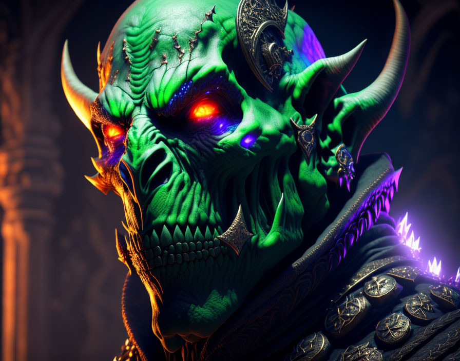 Detailed Art: Green Horned Demon in Ornate Armor on Dark Background