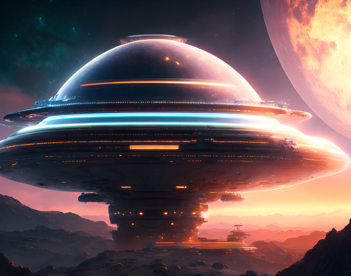 Futuristic spaceship hovering over rocky alien landscape