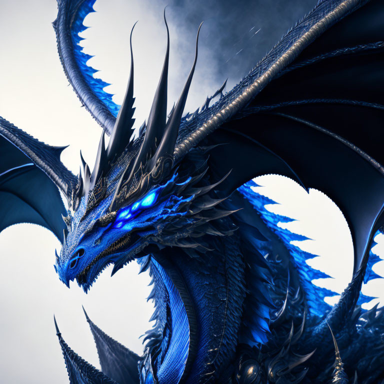 Detailed Close-Up Image: Blue Dragon with Glowing Eyes and Sharp Horns in Cloudy Sky