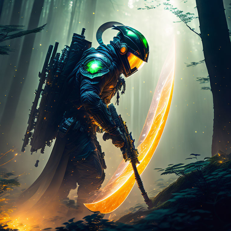 Futuristic astronaut with glowing suit and sword in misty forest