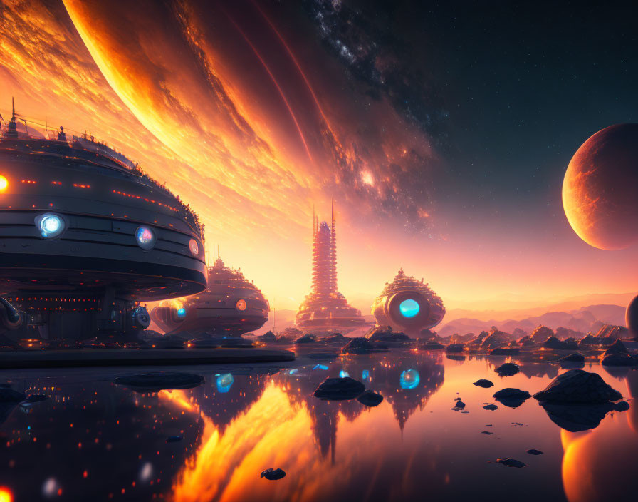 Futuristic cityscape under orange sky with celestial bodies reflected in water