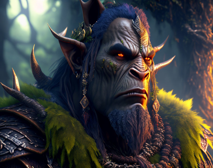 Detailed 3D rendering of orc with tusks and red eyes in forest setting