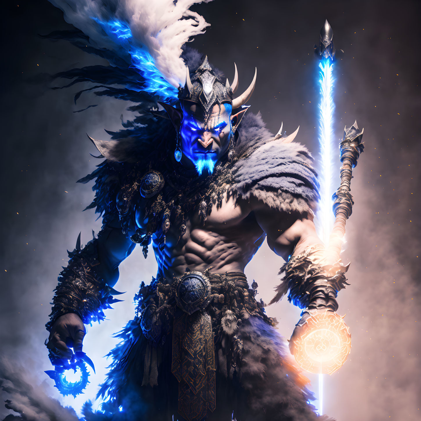 Fantasy warrior with glowing blue eyes and spear in horned armor against starry sky