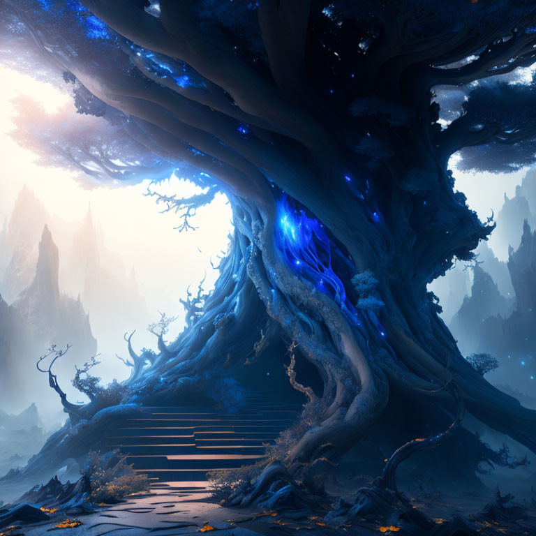 Enormous tree with glowing blue portal in mystical mountain landscape