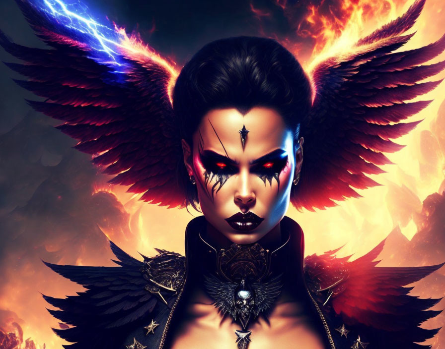 Dark-haired female character with glowing red eyes, phoenix wings, and mystical aura