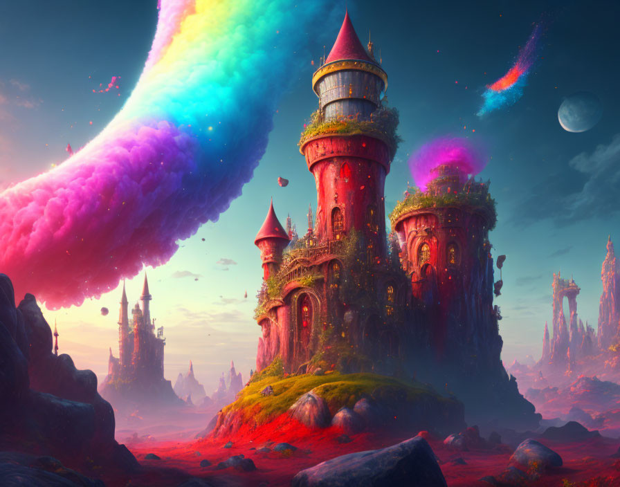 Vibrant Flora Surrounds Fantastical Castle under Colorful Sky