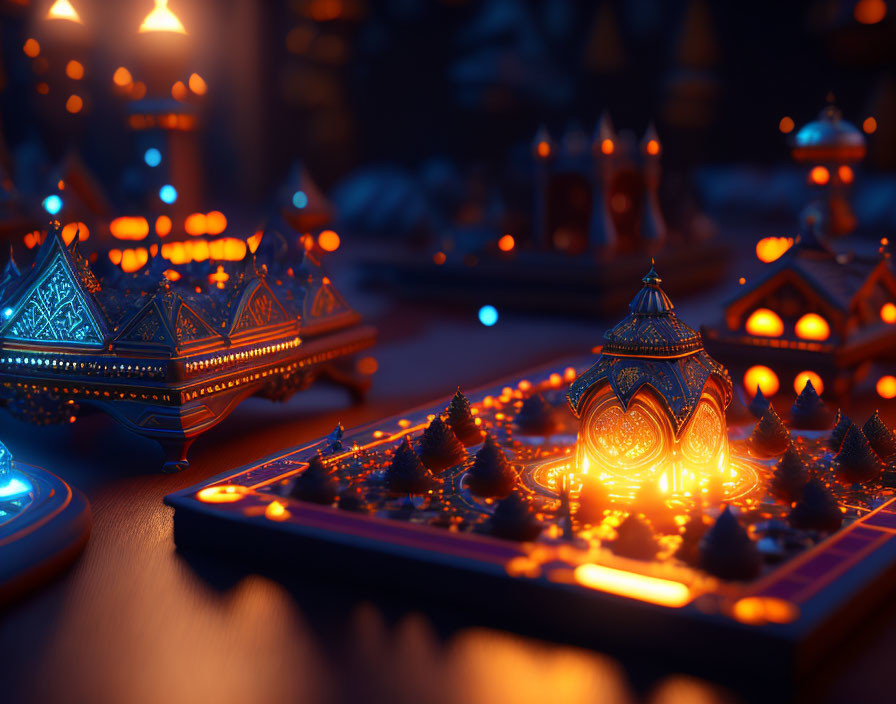 Miniature illuminated cityscape with ornate buildings in warm orange and blue hues