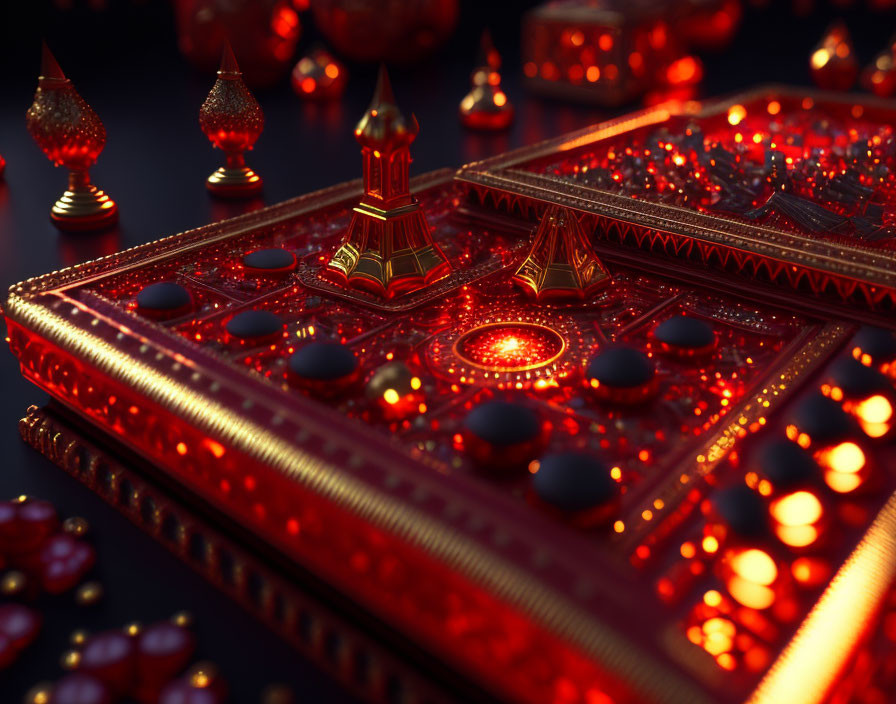 Intricate illuminated game board with red and gold designs