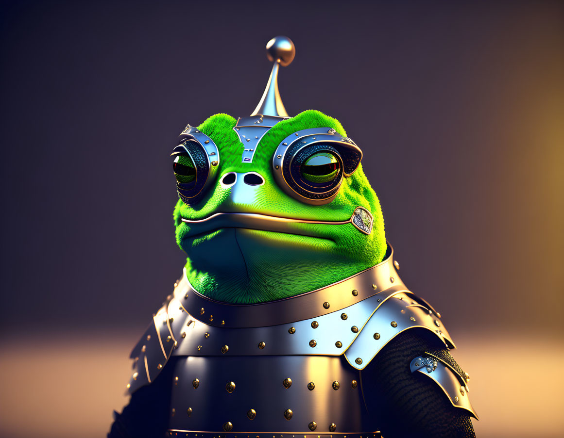 Colorful digital art: Green frog in knight's armor on amber background