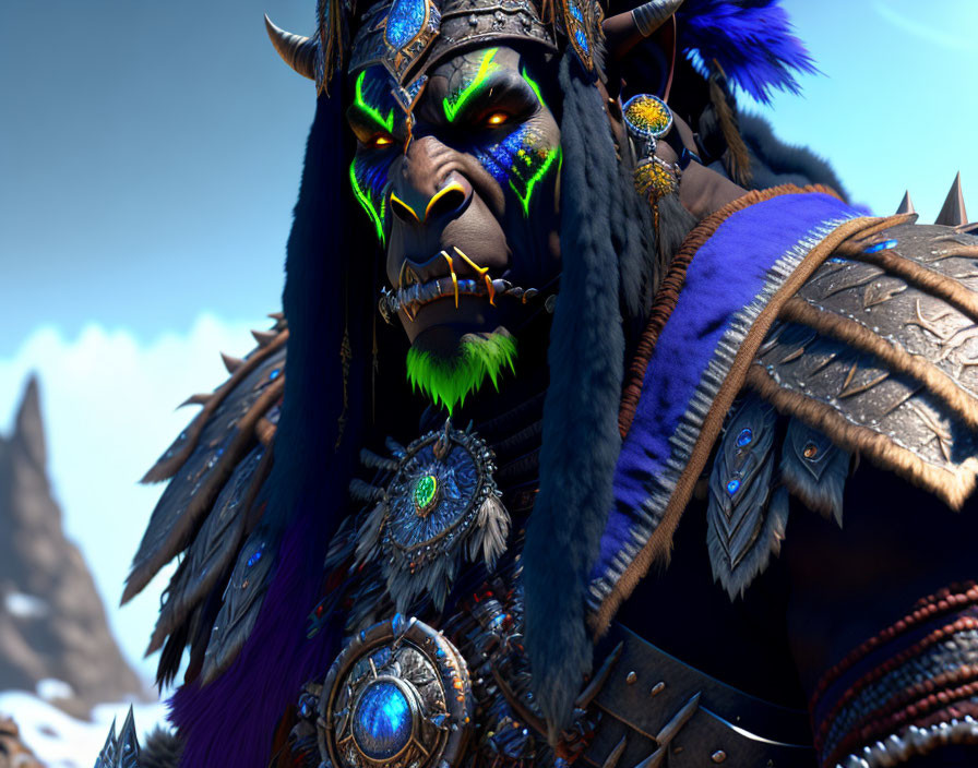 Green-eyed orc in tribal armor against snowy mountain