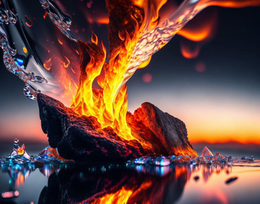 Dramatic contrast: Fire and water against sunset bokeh