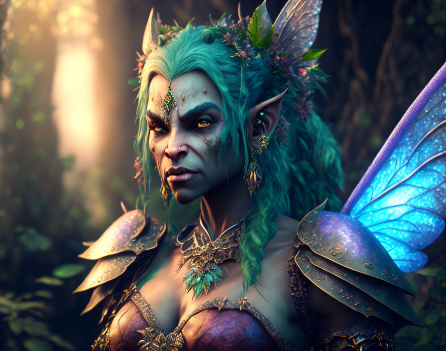 Fantasy creature with green skin, pointed ears, nature jewelry, and butterfly wings in warm light.