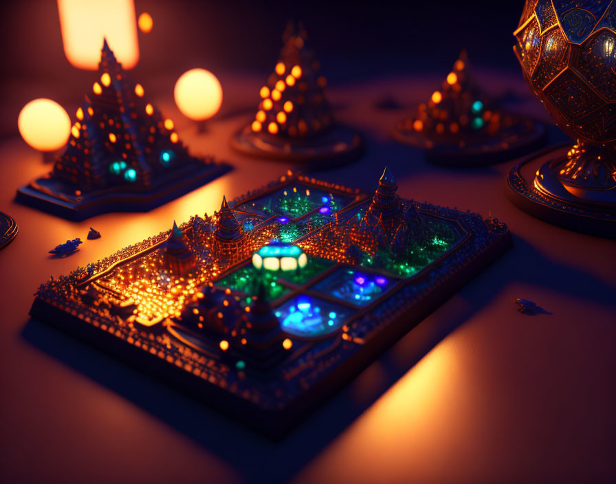 Miniature illuminated cityscape at night with candles and ornate sphere