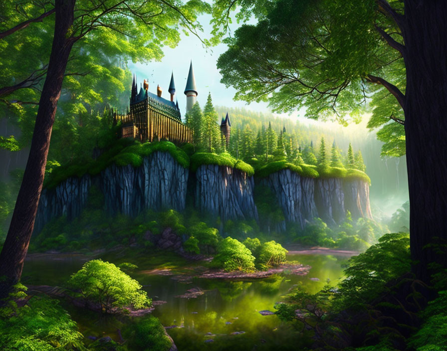 Mystical castle on lush green cliff with serene lake view