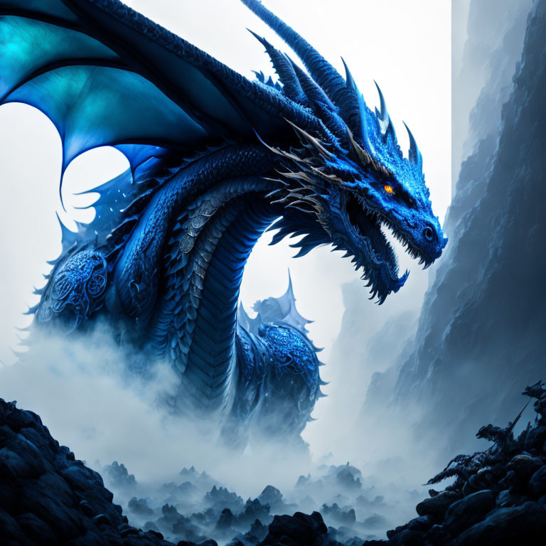 Blue dragon with expansive wings in misty rocky landscape