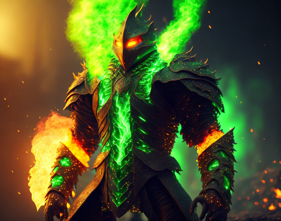 Armored figure with glowing green eyes and green flames in fiery backdrop