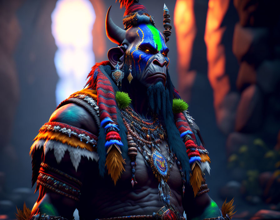 Colorful humanoid figure with horns and tribal attire in mystical forest
