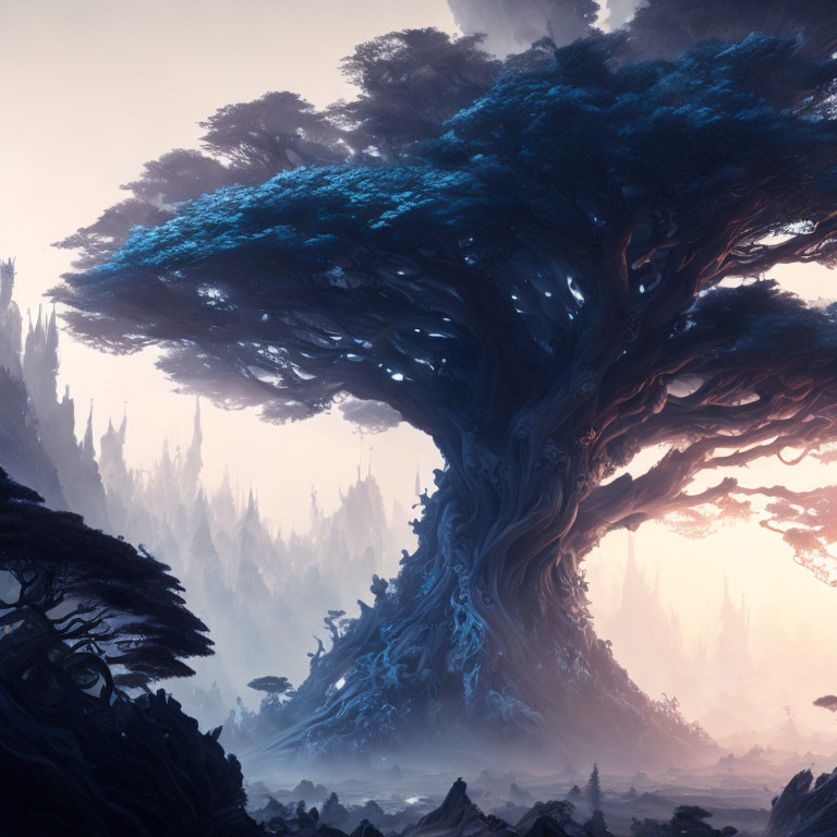 Ancient tree with sprawling branches and blue foliage in misty forest