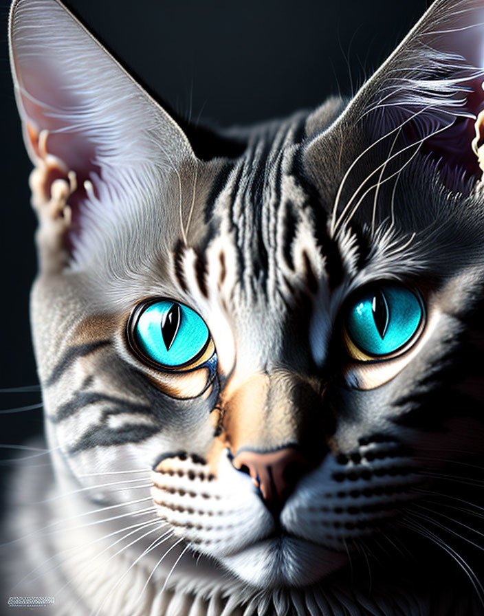 Close-Up of Cat with Striking Blue Eyes and Facial Stripes