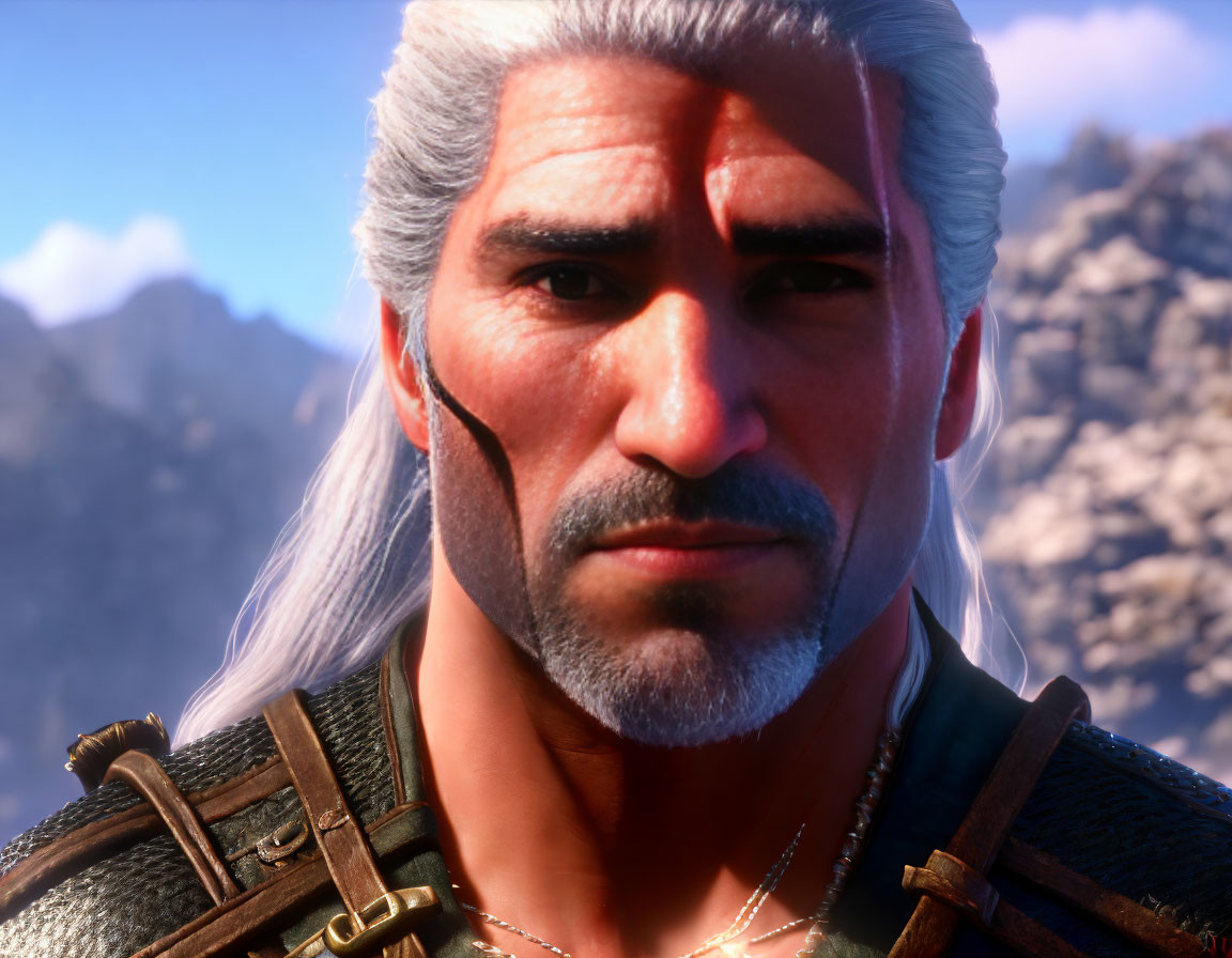 White-Haired Male Character in Medieval Armor with Scar, Mountain Background