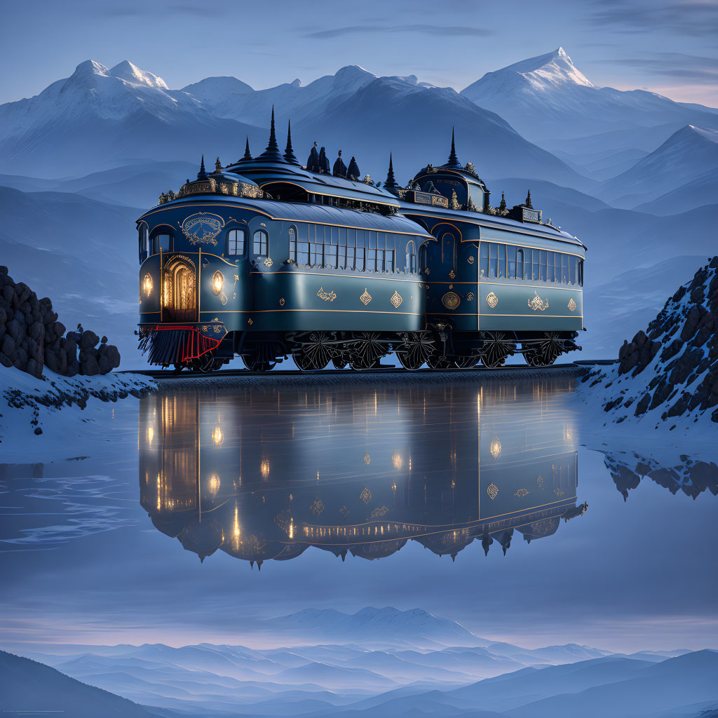 Vintage Train near Tranquil Lake with Mountains at Twilight