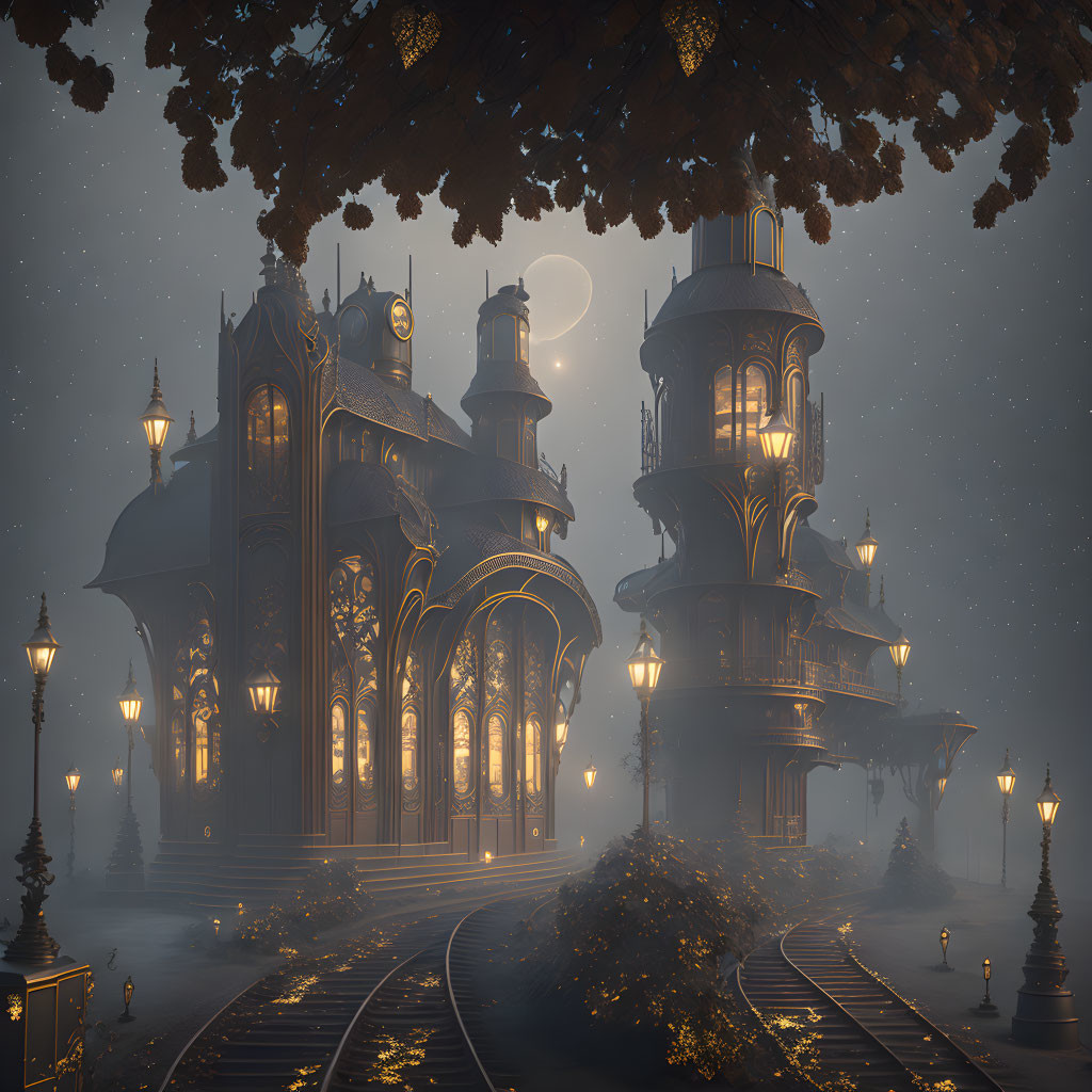 Moonlit Gothic train station with warm lights and lantern-lit pathways