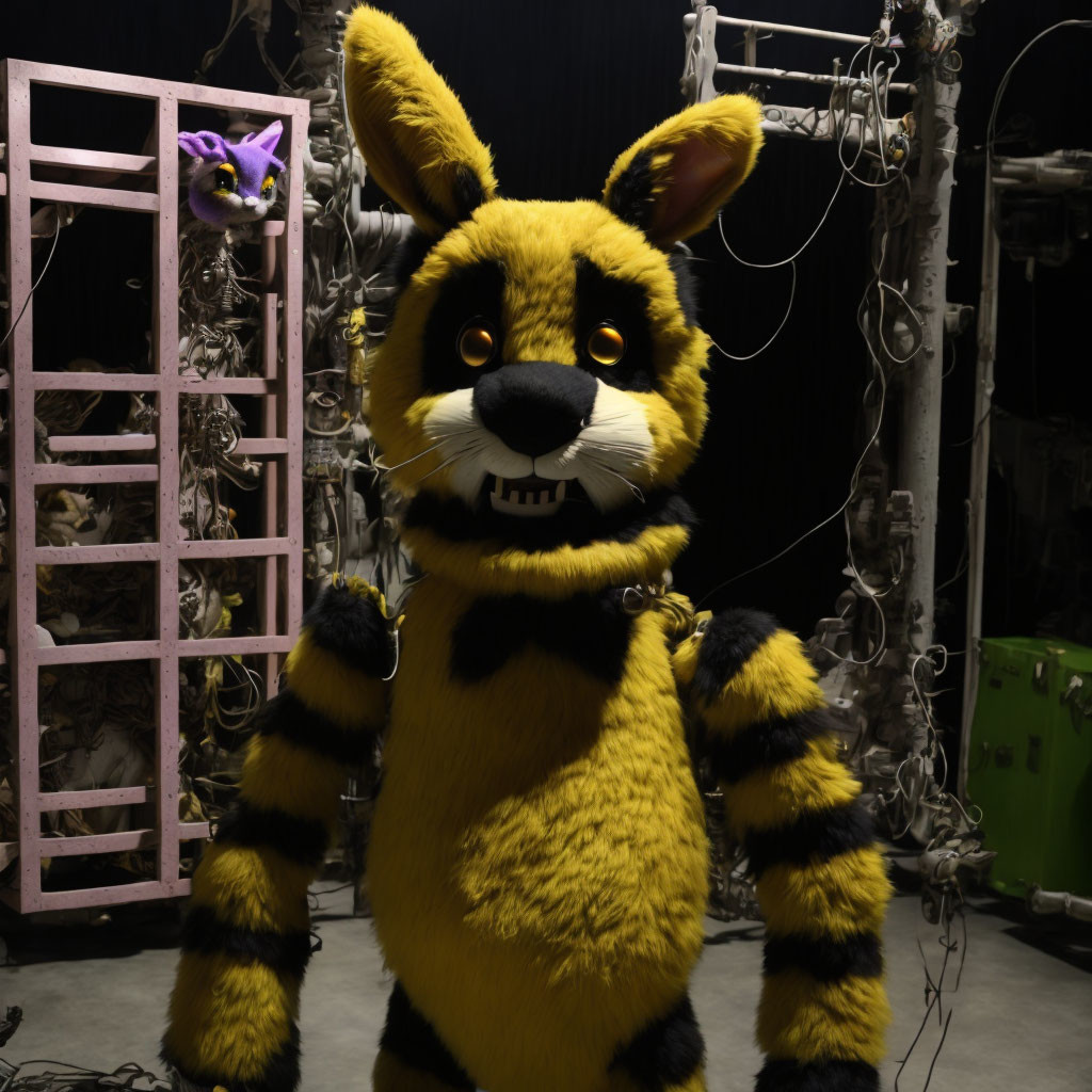 Yellow and black striped animatronic rabbit costume in dark room with mechanical parts.