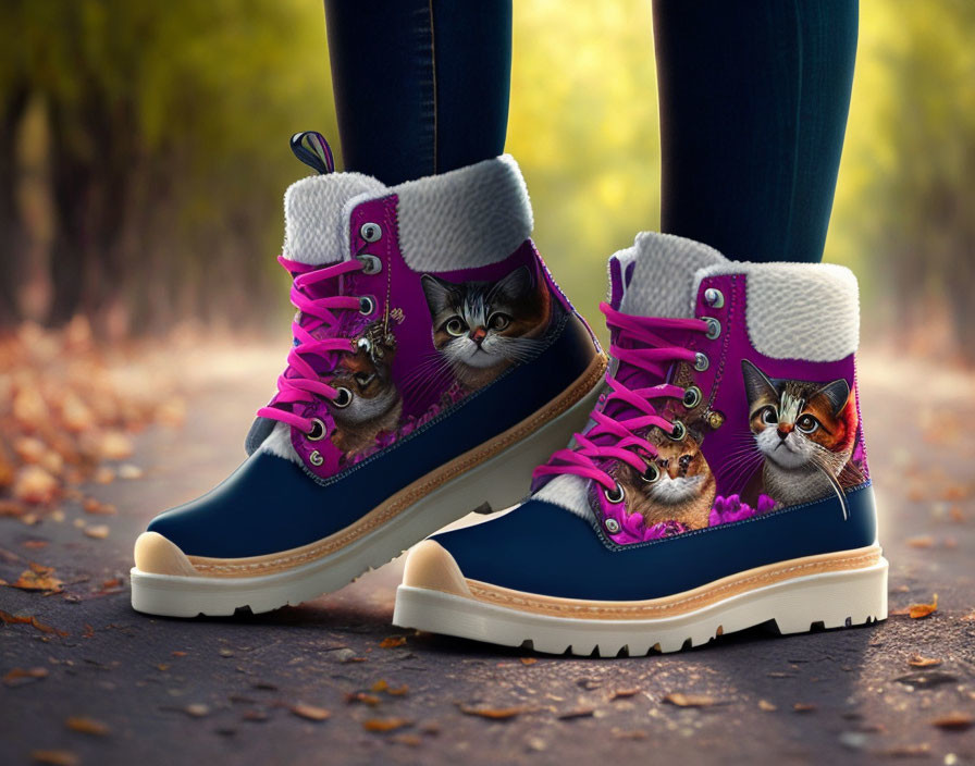 Person wearing cat face design boots on autumn path